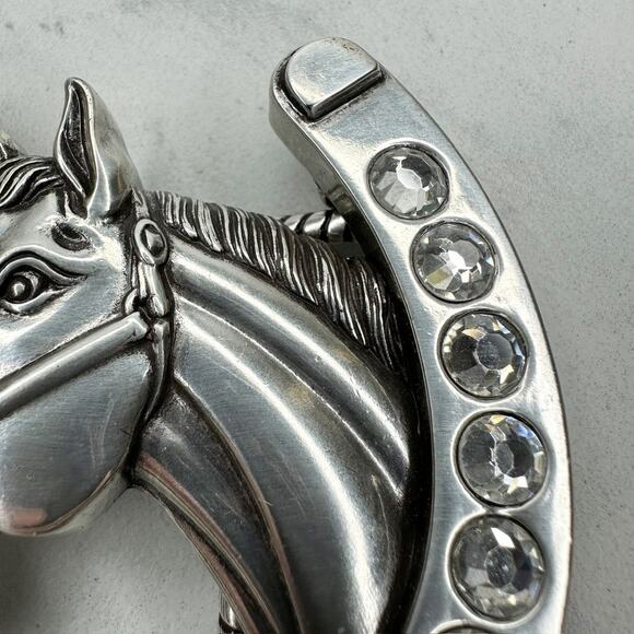 Nocona Rhinestone Horse Horseshoe Western Belt Buckle Silver Tone ✨ - Picture 4 of 16